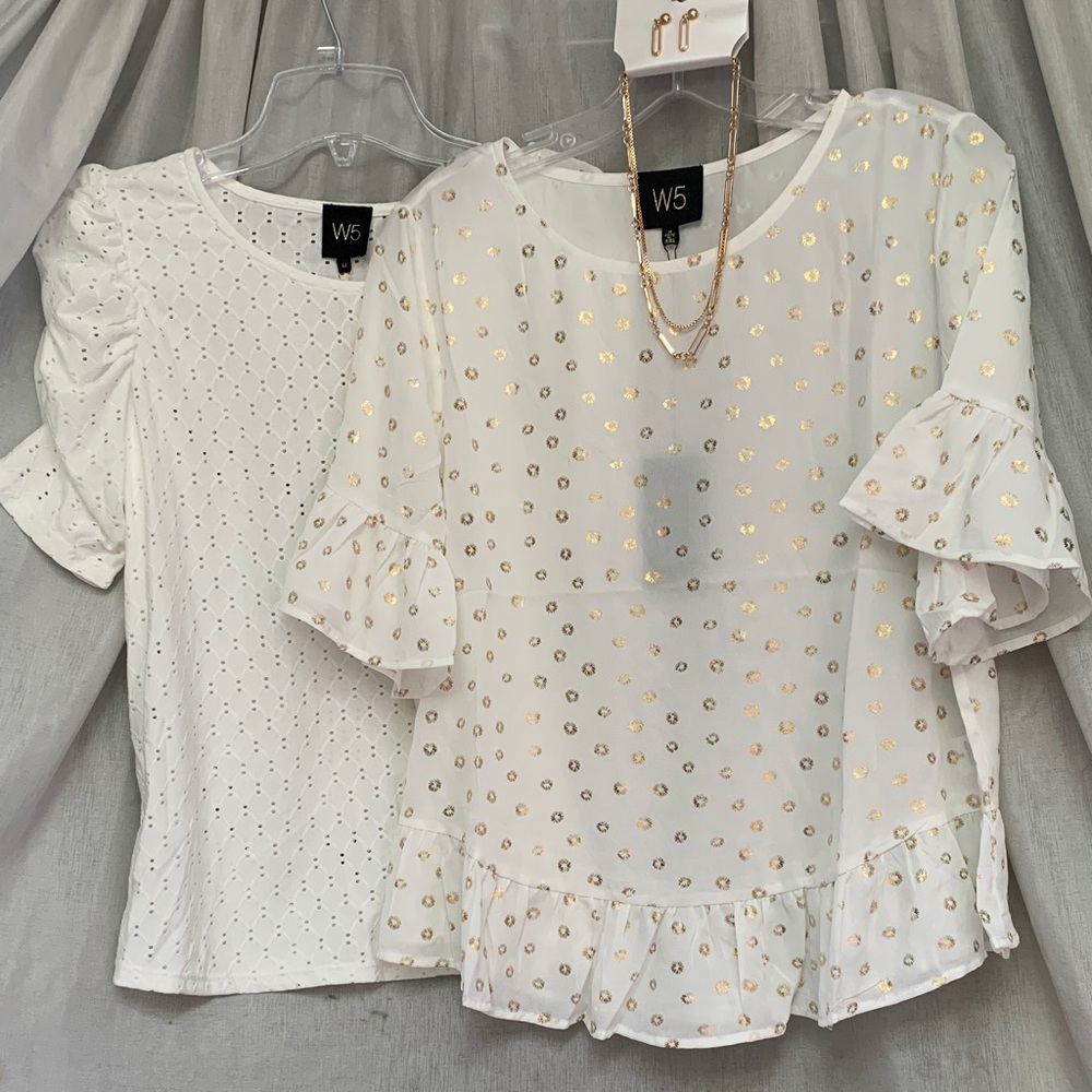 W5 White Blouse with Gold Foil Polka Ruffle Sleeves